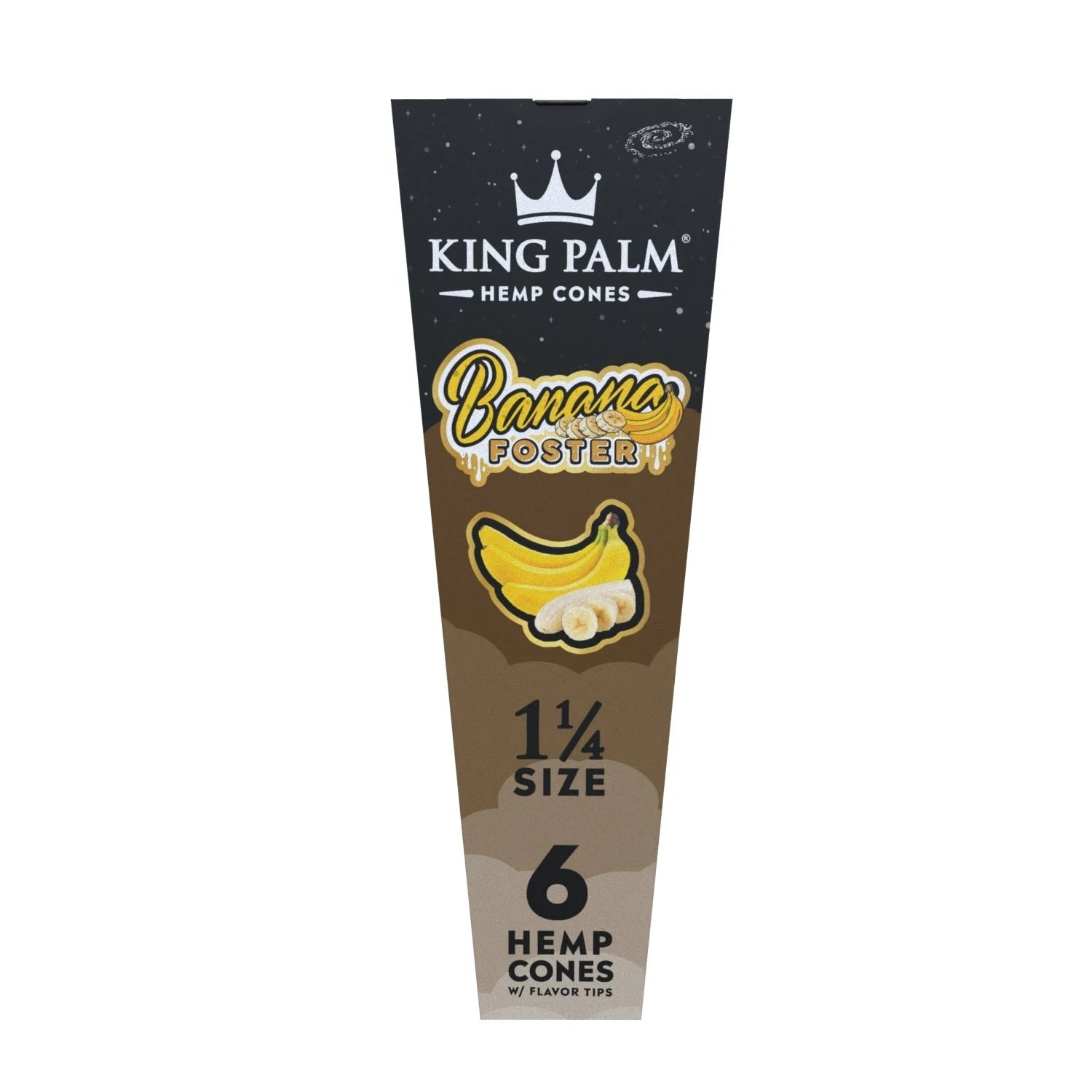King Palm Hemp Cones Banana Foster – schmale Hochformat-Verpackung in Schwarz-Braun mit Bananenillustration, 6 Hemp Cones in 1¼ Size mit Flavor Tips